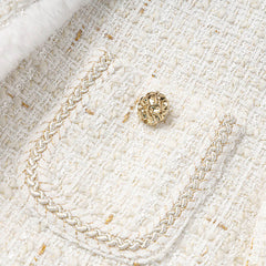 Edle Tweedjacke mit Stehkragen, Knopfleiste, Lurex-Stich und Gürtel, Kunstpelzbesatz