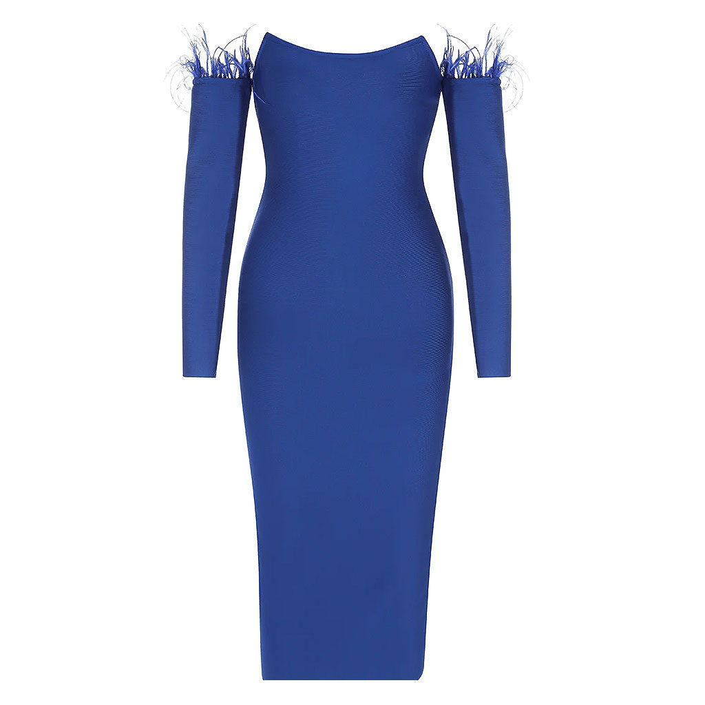 Classy Feather Off The Shoulder Back Slit Midi Bandage Dress - Royal Blue