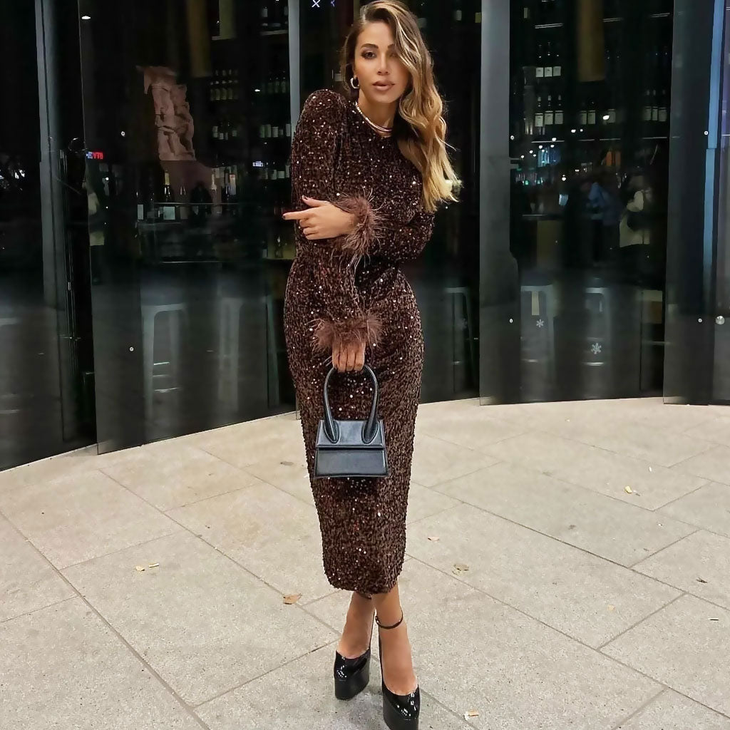 Classy Feather Trim Long Sleeve Back Slit Midi Sequin Dress - Coffee