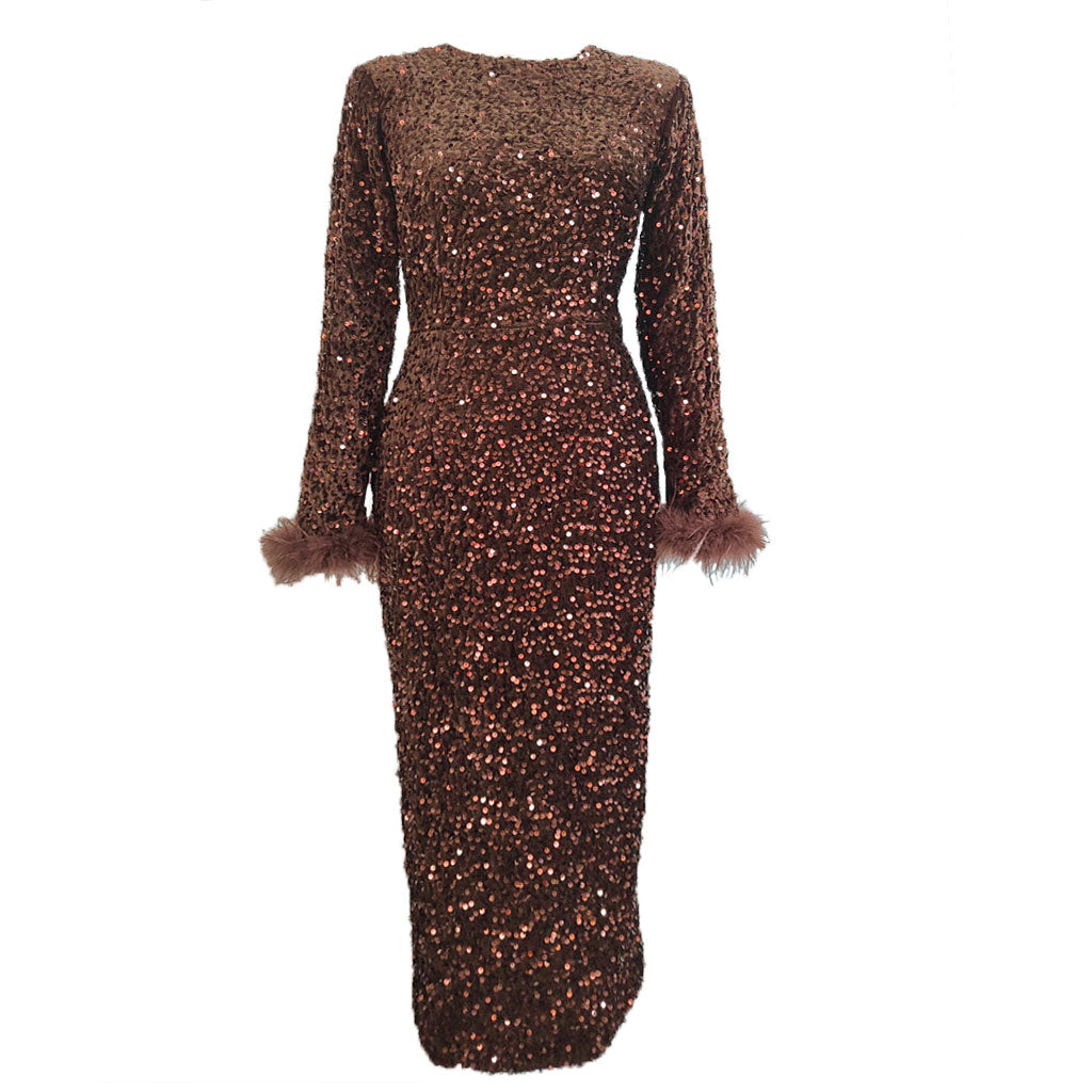 Classy Feather Trim Long Sleeve Back Slit Midi Sequin Dress - Coffee