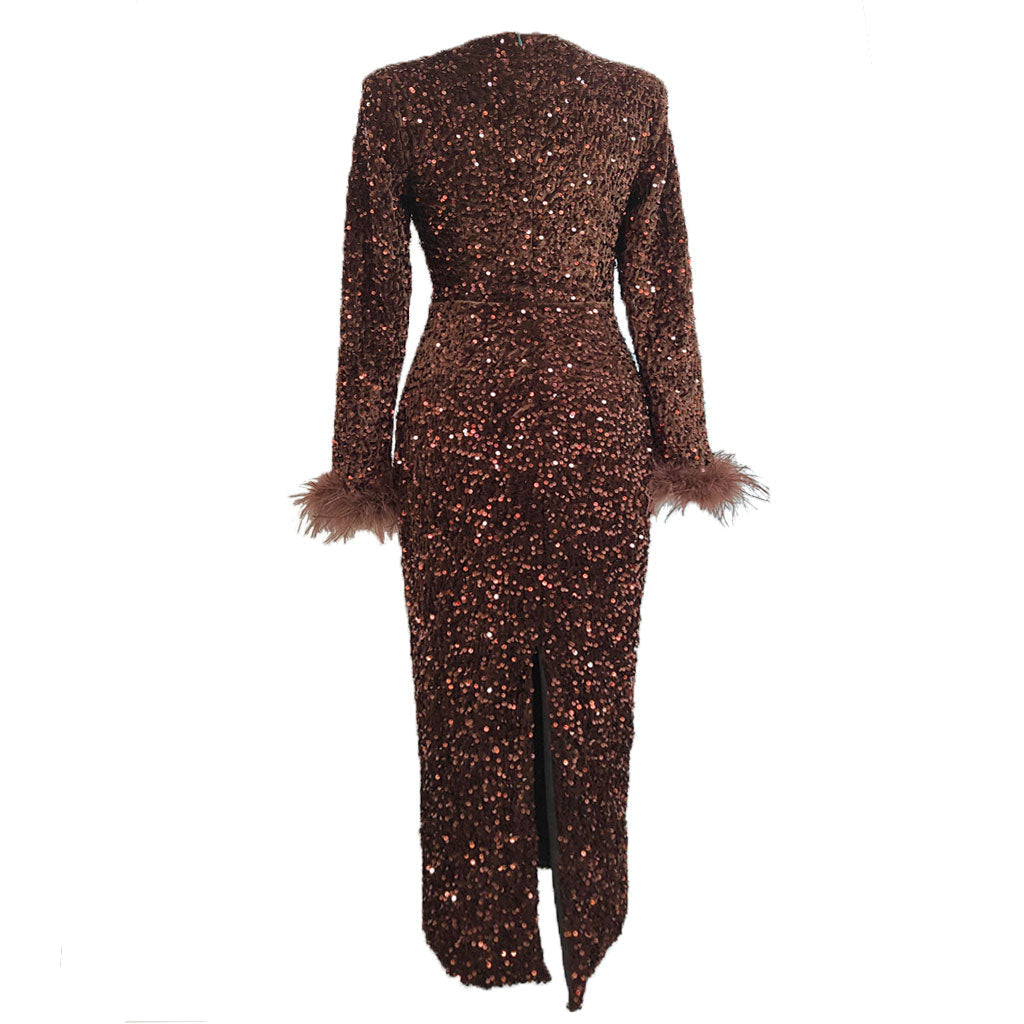 Classy Feather Trim Long Sleeve Back Slit Midi Sequin Dress - Coffee