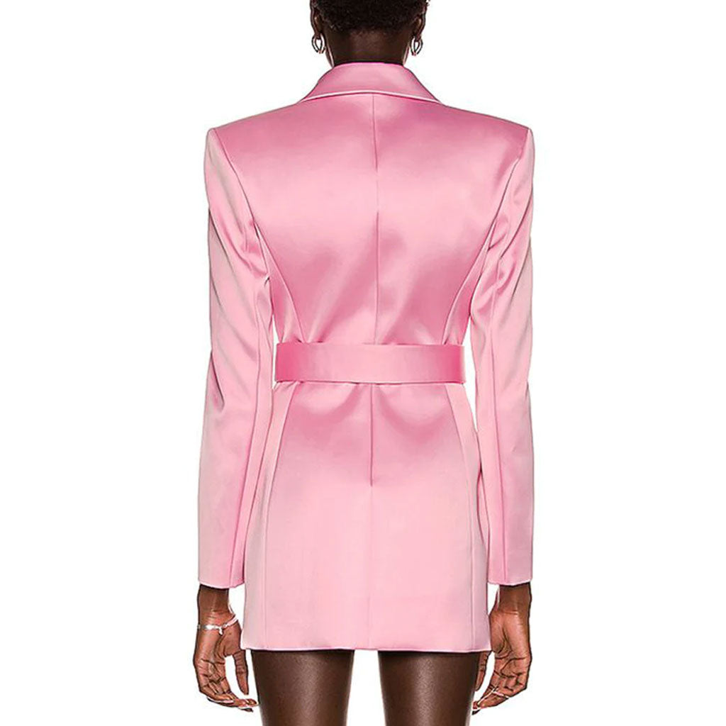 Elegantes Blazer-Minikleid aus Satin mit Reverskragen und langen Ärmeln und Gürtel - Pink