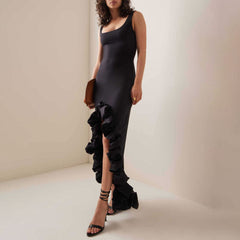 Classy Scoop Neck Sleeveless Ruffled Trim High Low Hem Evening Dress