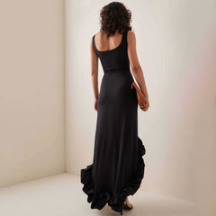 Classy Scoop Neck Sleeveless Ruffled Trim High Low Hem Evening Dress