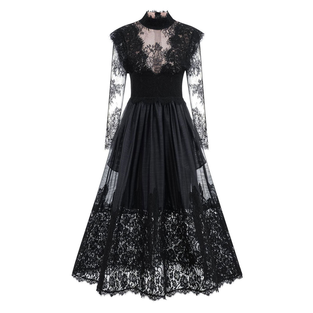 Classy Sheer Floral Lace Mock Neck Long Sleeve A Line Gown Maxi Dress