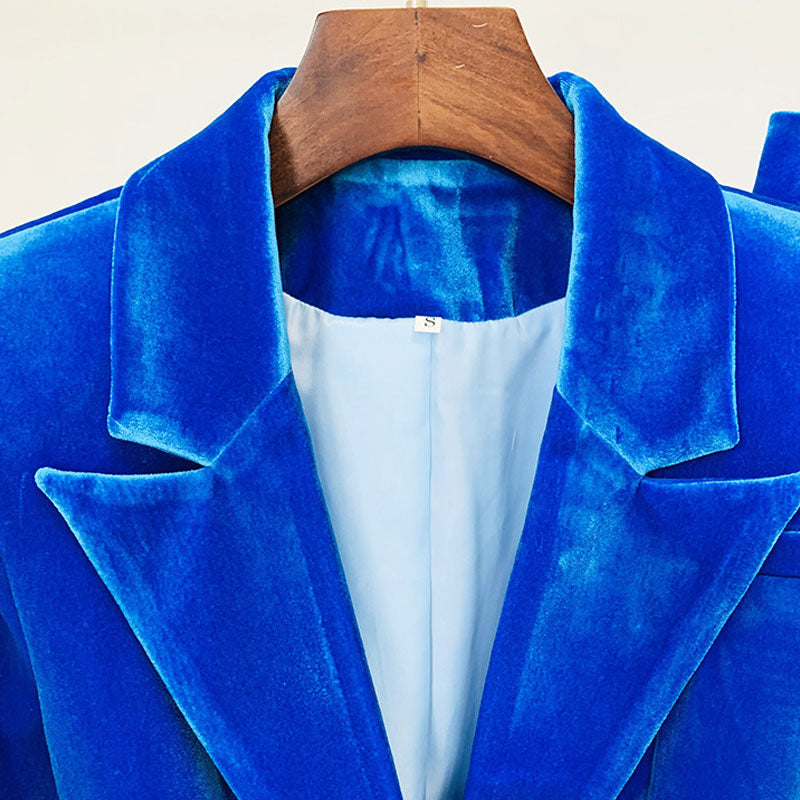 Edles, maßgeschneidertes Einreiher-Blazer-Schlaghose-Set aus Samt - Blau