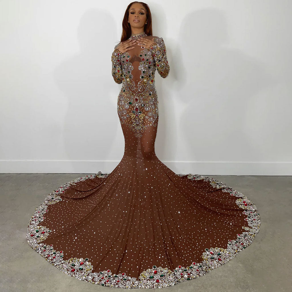 Colorful Rhinestone Embellished High Neck Long Sleeve Mesh Mermaid Maxi Evening Dress