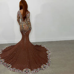 Colorful Rhinestone Embellished High Neck Long Sleeve Mesh Mermaid Maxi Evening Dress