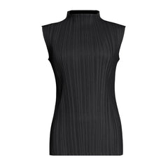 Comfy Solid Color Mock Neck Slim Fit Pleated Sleeveless Top