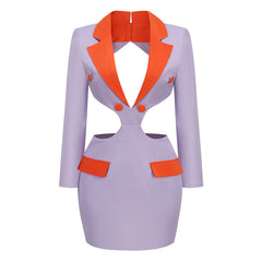 Contrast Lapel Collar Deep V Cut Out Backless Tailored Mini Blazer Dress