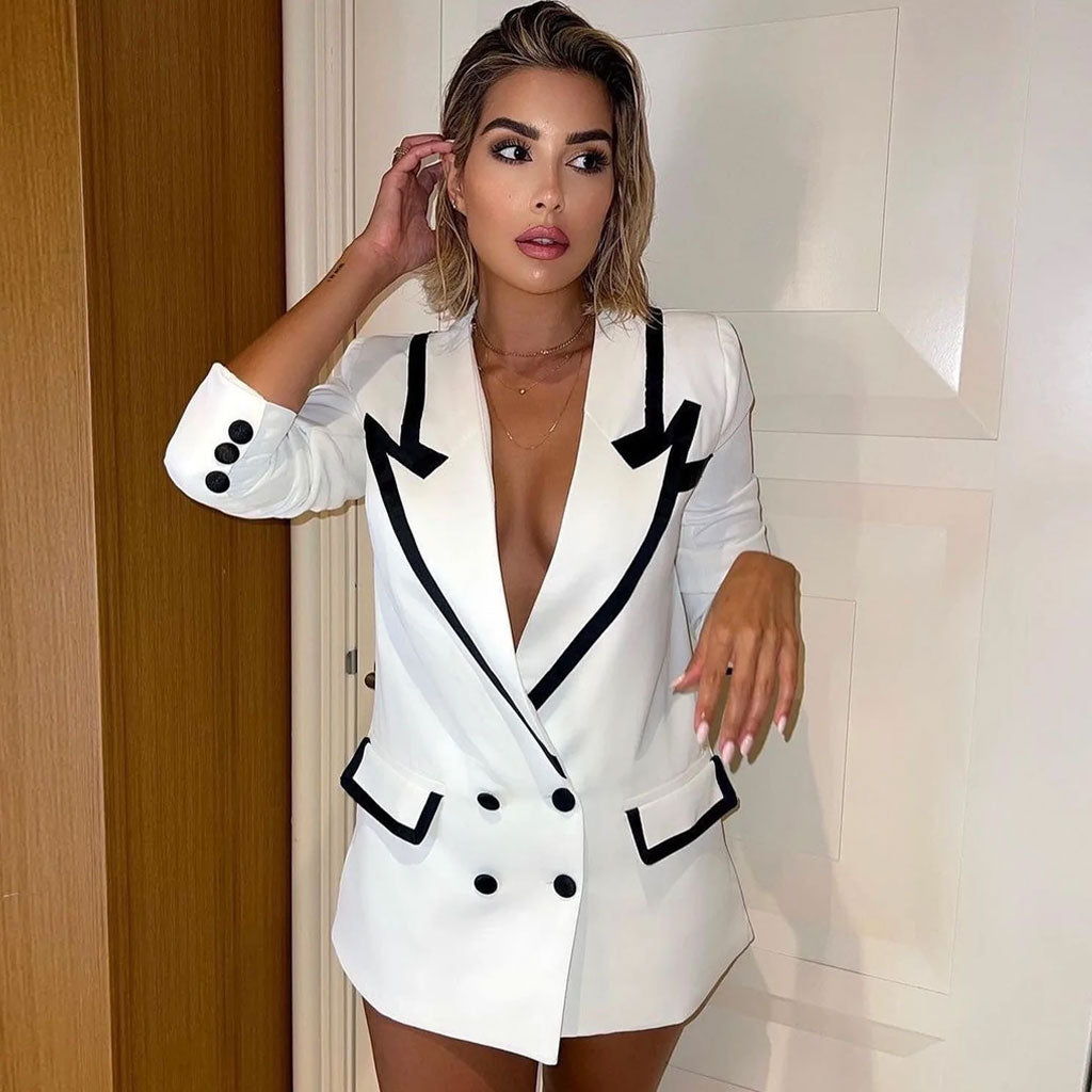 Contrast Peak Lapel Double Breasted Oversized Blazer Mini Dress - White