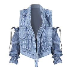 Convertible Long Sleeve Belted Collar V Neck Distressed Denim Jacket