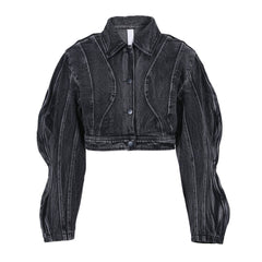 Coole, kurze Jeansjacke mit 3D-Wellenärmeln, gefaltetem Kragen und Button-Down-Kragen