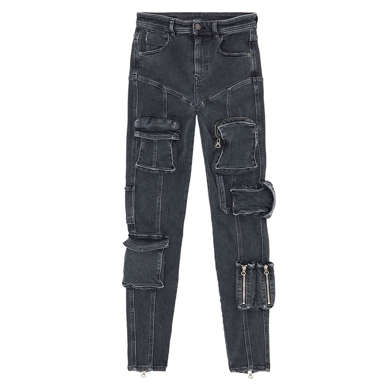 Coole Skinny Cargo-Jeans mit Reißverschlussdetail am Knöchel, hoher Taille und mehreren Taschen