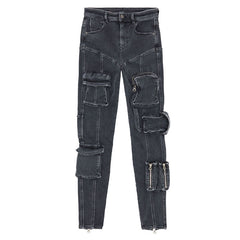 Jean cargo skinny taille haute à poches multiples avec détails zippés à la cheville