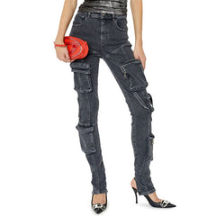 Coole Skinny Cargo-Jeans mit Reißverschlussdetail am Knöchel, hoher Taille und mehreren Taschen