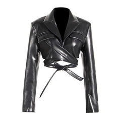 Cool Crossover Wrap Tie Lapel Collar Shoulder Pad Vegan Leather Cropped Blazer