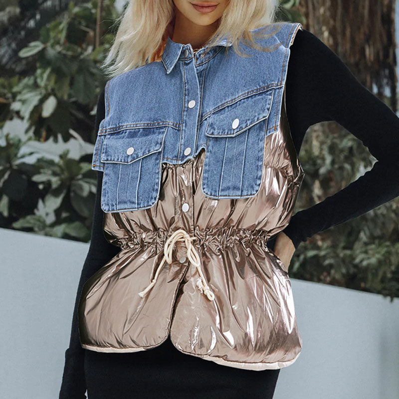 Coole Denim-Kragen-Button-Down-Dekonstruktions-Hybrid-Metallic-Pufferweste - Gold