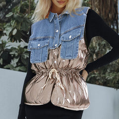 Coole Denim-Kragen-Button-Down-Dekonstruktions-Hybrid-Metallic-Pufferweste - Gold