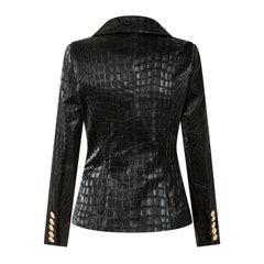 Cool Faux Croc Effect Leather Peak Lapel Double Breasted Tailored Blazer