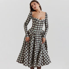 Vintage Bustier Tartan Pattern Pleated Winter Long Sleeve Midi Dress