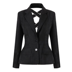 Crystal Bow Detail Criss Cross CutOut Single Breasted Peplum Blazer - Black