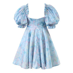 Robe mini d'été ajustée et évasée à col en cœur et manches bouffantes avec imprimé tie dye