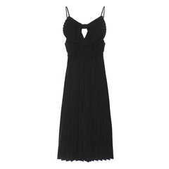 Cute V Neck Big Dual Bow Spaghetti Strap Pleated Midi Chiffon Slip Dress