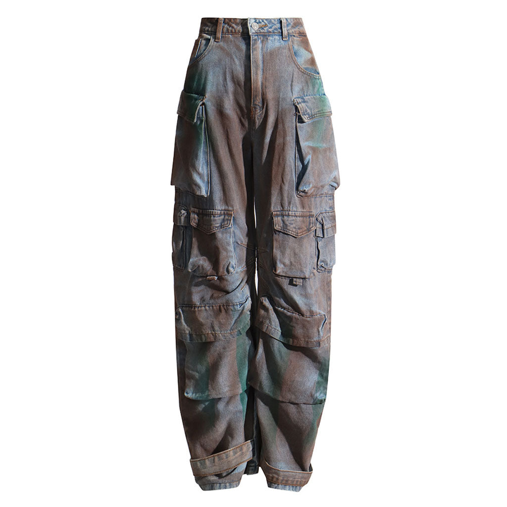 Cutting Edge – Camouflage-verwaschene Oversize-Cargojeans mit hoher Taille und weitem Bein