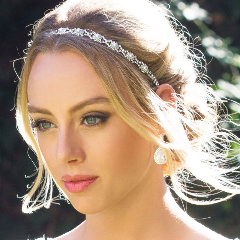 Dainty Silver Plated Pearl Beaded Rhinestone Embellished Headband - Silver