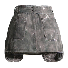 Dekonstruierter Jeans-Minirock mit Cargotasche, Distressed-Print, Gürtel und hoher Taille