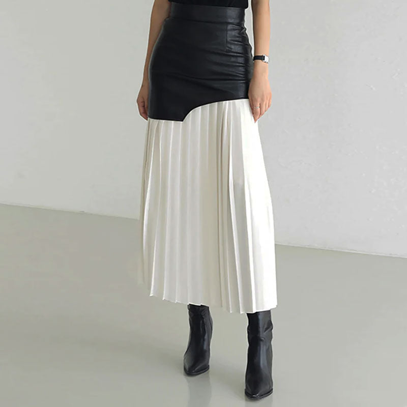 Deconstructed High Rise Vegan Leather Layered Midi Pleated Skirt - White