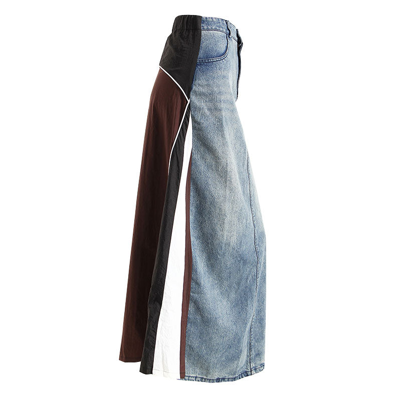 Dekonstruierter Hybrid-Maxi-Jeansrock in A-Linie mit kontrastierendem Patchwork und mittlerer Taille