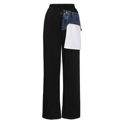 Deconstructed Inverted Pocket Denim Applique High Waist Sweatpants