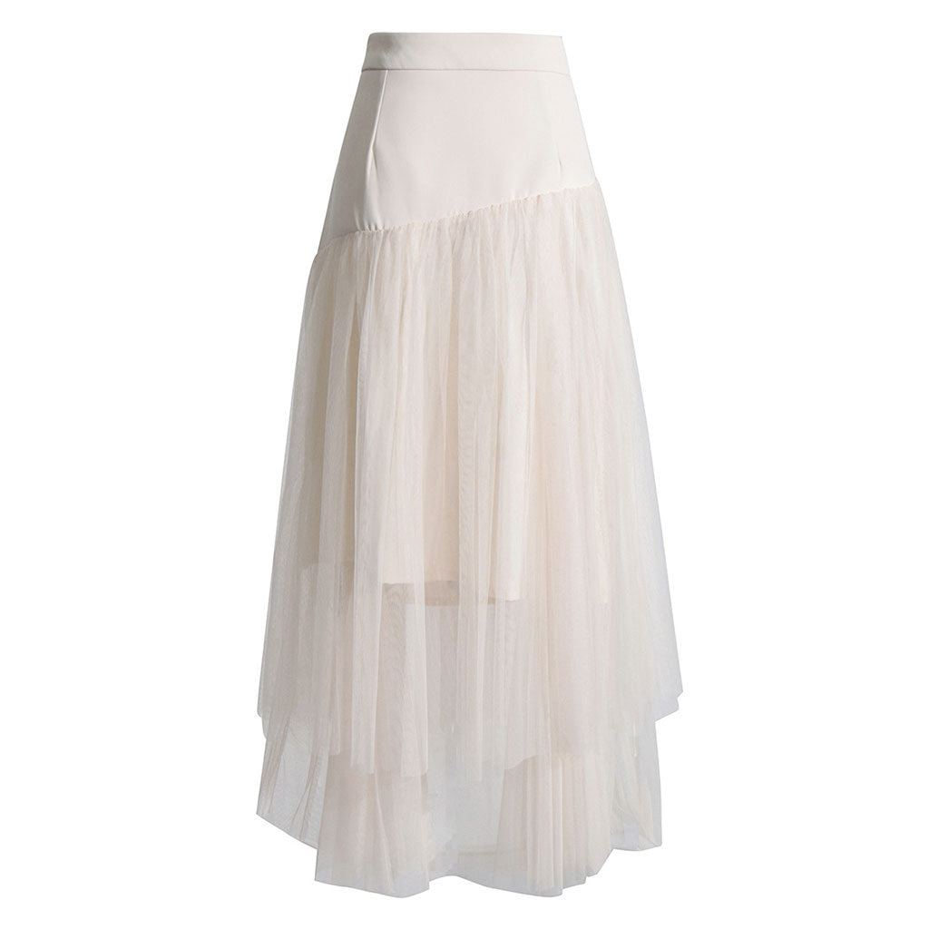 Deconstructed Macrame Fringe Detail High Waist Tiered Tulle Midi Skirt