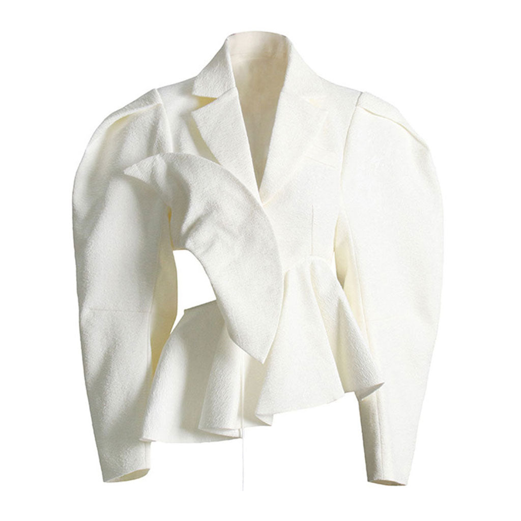 Deconstructed Ruffle CutOut Side Puff Sleeve Asymmetrical Peplum Jacket