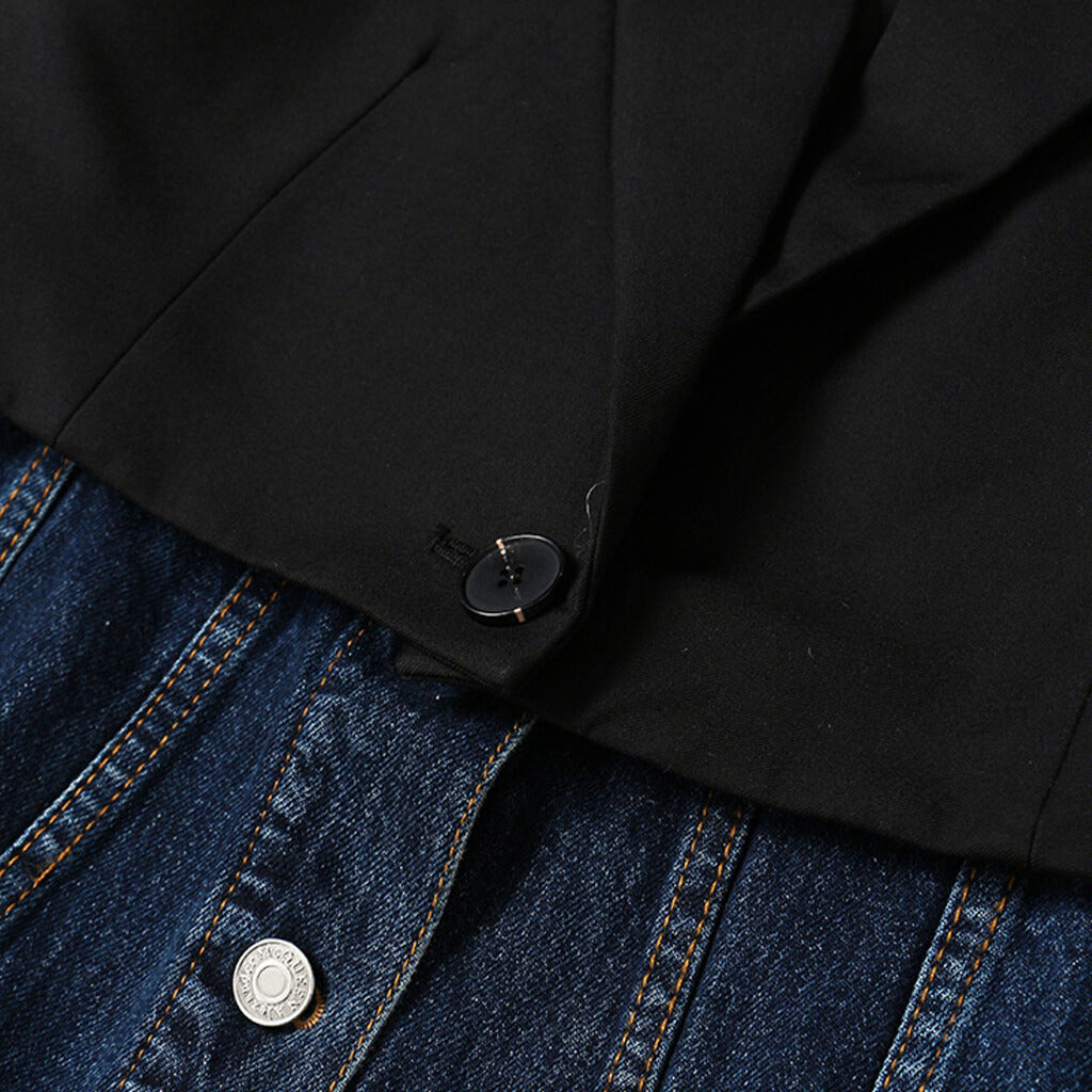 Blazer hybride en denim déconstruit à deux tons avec col à revers et boutonnage simple