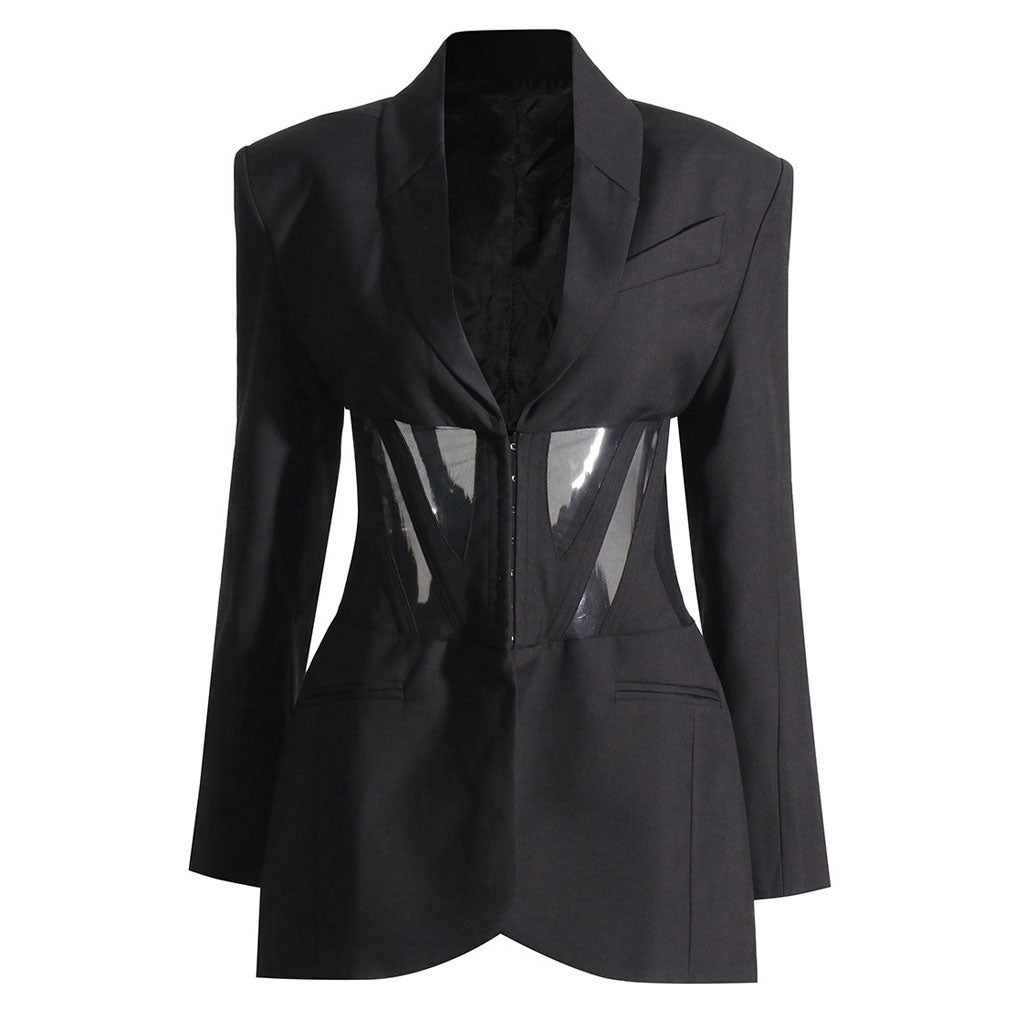 Distinct Lapel Hook and Eye Sheer Mesh Corset Shoulder Pad Long Sleeve Tailored Blazer