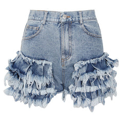 Distressed Frayed Detail Tiered Ruffle Trim High Waist Denim Shorts