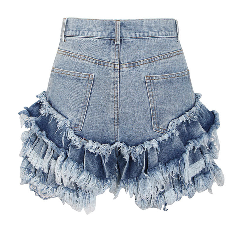 Short en jean taille haute à volants superposés et détails effilochés