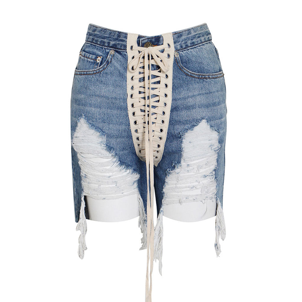 Short en jean Bermuda à lacets et détails déchirés et usés