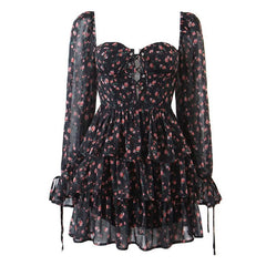 Robe courte à volants et manches bouffantes avec décolleté en cœur et imprimé floral - Noir