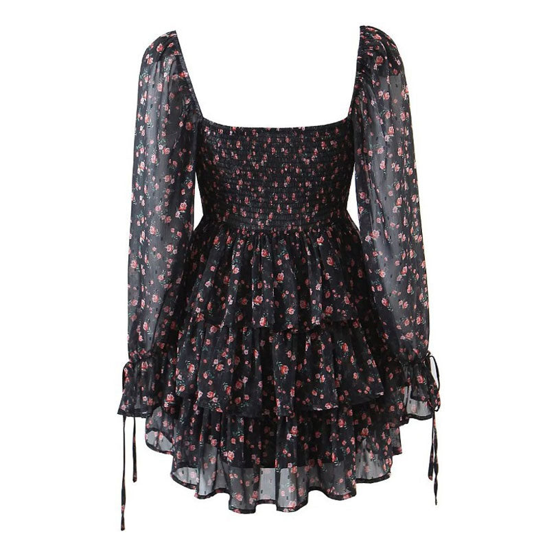 Robe courte à volants et manches bouffantes avec décolleté en cœur et imprimé floral - Noir