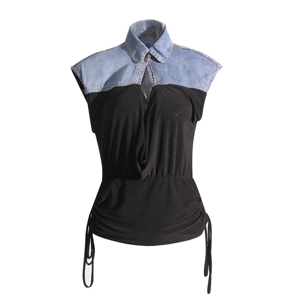 Diverse Button Collared CutOut Draped Ruched Tie Side Sleeveless Denim Hybrid Top