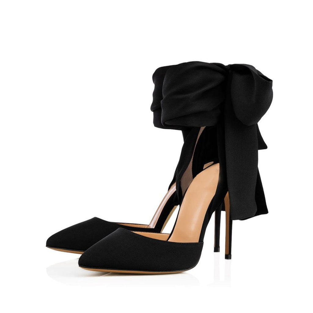 Dramatic Ankle Bow Tie Pointed Toe Stiletto Satin Pumps - Black