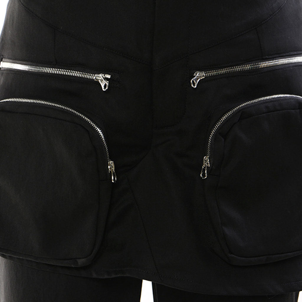 Dramatic High Waist Metallic Zipper Cargo Pocket Layered Flared Pants