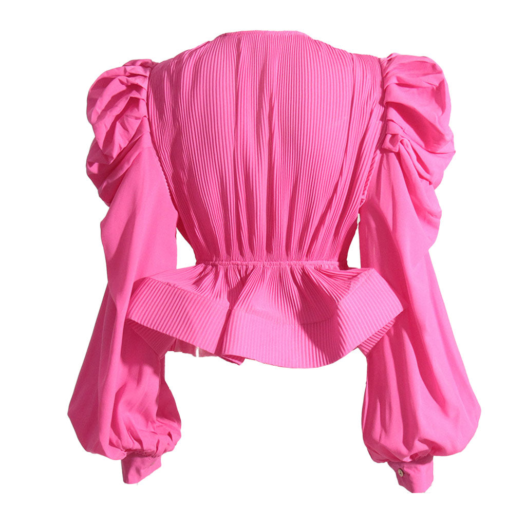 Dramatic Puff Sleeve V Neck Tie Front Pleated Chiffon Peplum Blouse