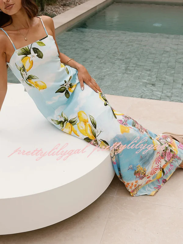 Printed French Elegant Sling Maxi Dress