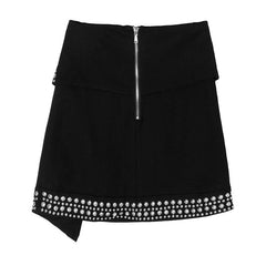 Eccentric Contrast Studded Edge Fold Over High Waist Split A Line Mini Skirt