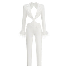 Edge Lapel Collar CutOut Feather Trim Long Sleeve Padded Backless Blazer Jumpsuit